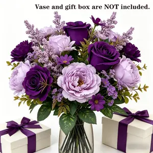 2 Bundles Artificial Silk Flowers, Fake Roses Daisies Chrysanthemums, Low Maintenance Decorative Bouquets for Home Office Party Wedding, Faux Flower Decor, Faux Lavender Flowers