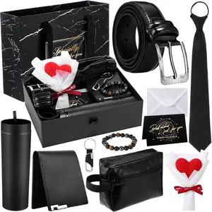 10 Pcs Father Day Gifts Set,Birthday Men Gift Basket Box Kit -16 oz Tumblers Wallet Tie Belt Anniversary Thank You Present for Dad Husband Boyfriend(Heart)