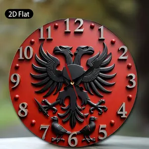 1pc 2D Flat Wall Clock | Red Background Double-headed Eagle Black Birds Sword Design, Suitable for Living Room, Study, Office, Hotel Lobby, Restaurant Decor, Wood Material, Round Shape