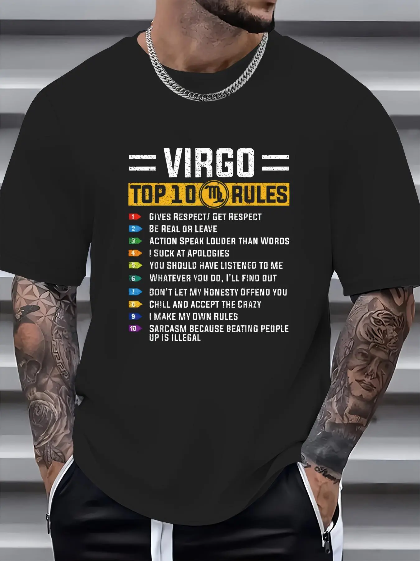 Men's 100% Cotton Short-Sleeve Casual Loose Virgo Zodiac T-Shirt - 10 Rules, August-September Horoscope Graphic Tee, Round Neck Menswear Summer Top, Jackets