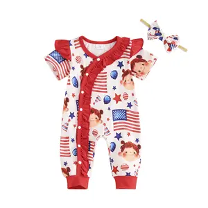 Infant Baby Girls Independence Day Jumpsuit Short Sleeve Crew Neck Flag Balloon Print Ruffle Romper with Headband 4th of July Clothes