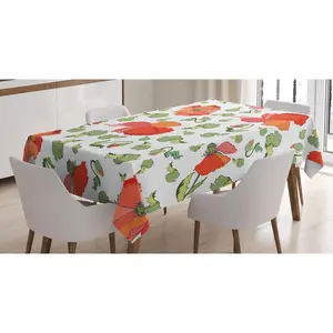 Poppy Flower Tablecloth, Blooming Poppies Buds and Green Leaves Scattered on White Backdrop, Rectangular Table Cover for Dining Room Kitchen Decor, 60" X 90", Vermilion Coral