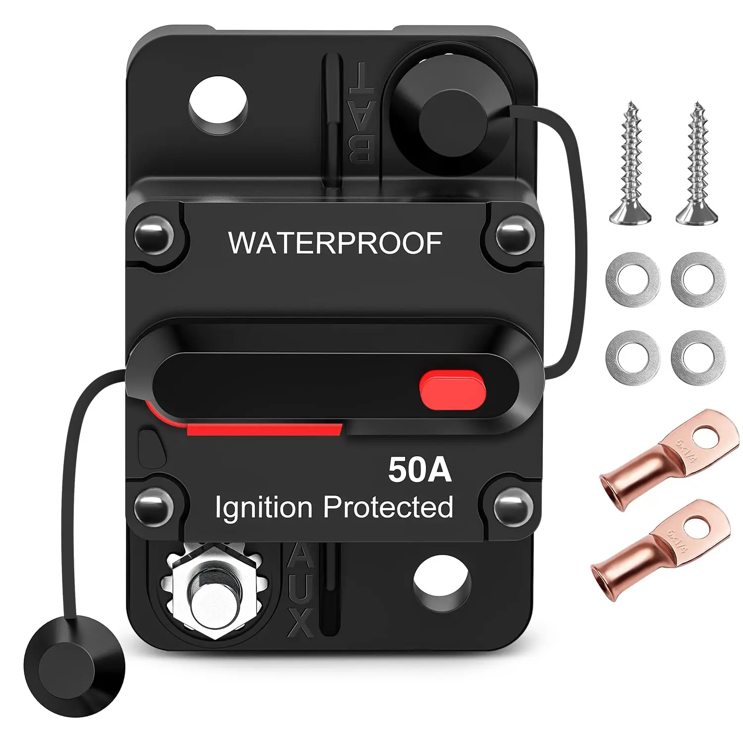 Nilight 50A Resettable Circuit Breaker Protector, 12-48V DC Manual Reset, Copper Wire Lugs, Surface/Panel Mount Installation, for Car Audio Amplifiers, Boat ATV Marine Use, Rv