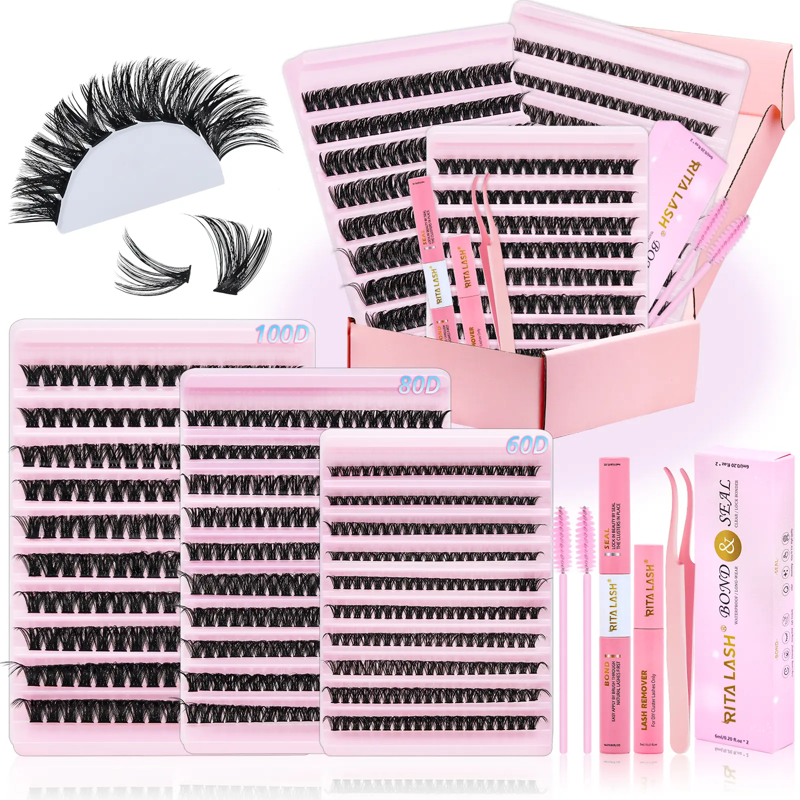RITALASH 560pcs Plant Fibers Cluster Lashes Kit with Bond&Seal, 3 Styles 60D-80D-100D D Curl Wispy Natural Cosmetic Makeup Products, Soft DIY Individual Eyelash Extensions for Beginners
