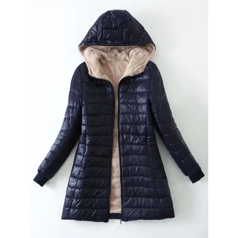 Women's Midi Puffy Jacket, Casual Solid Polyester Zip-Up Hoodie, Long Sleeve Thermal Outerwear for Fall & Winter, Zipper, Jackets, Fabric, Zip Hoodies, Elegant, Coats, Chic, Lady, Midi Length, Hoodie Jumper