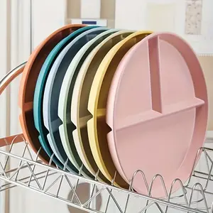 Set of 5 One Wheat Straw Divided Plate, Shatter-Resistant Dinner Plate, Food Tray, Suitable for Home School Office Canteen Picnic Camping, Portable Tableware, Kitchen Supplies