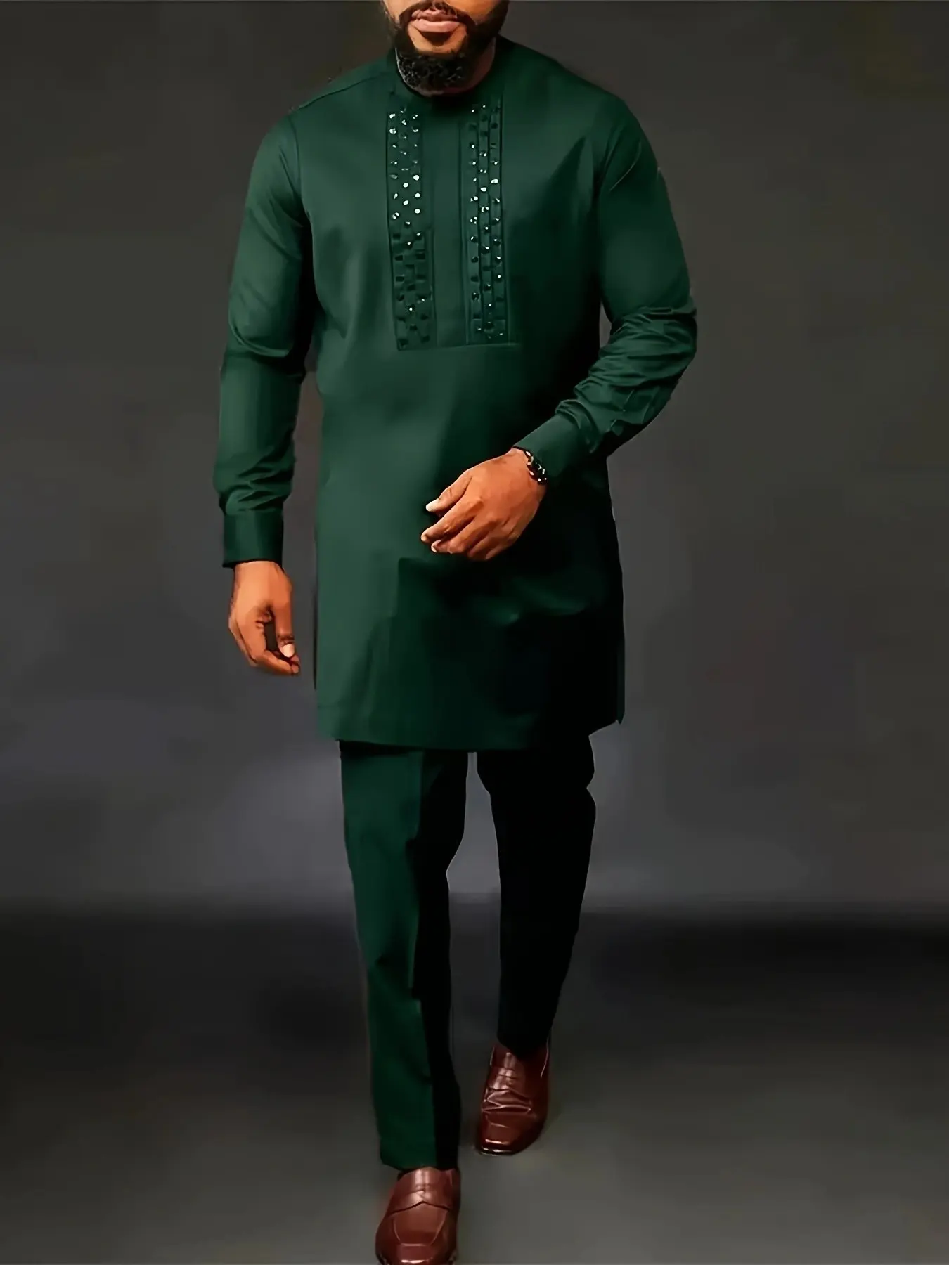 New Arrival Men's Traditional Formal Muslim African, Rhinestone Top and Long Pants 2-Piece Set, Cross-Border Fashion, Classy Tops, Tops Bottoms
