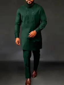 New Arrival Men's Traditional Muslim African, Rhinestone Top and Long Pants 2-Piece Set, Cross-Border Fashion
