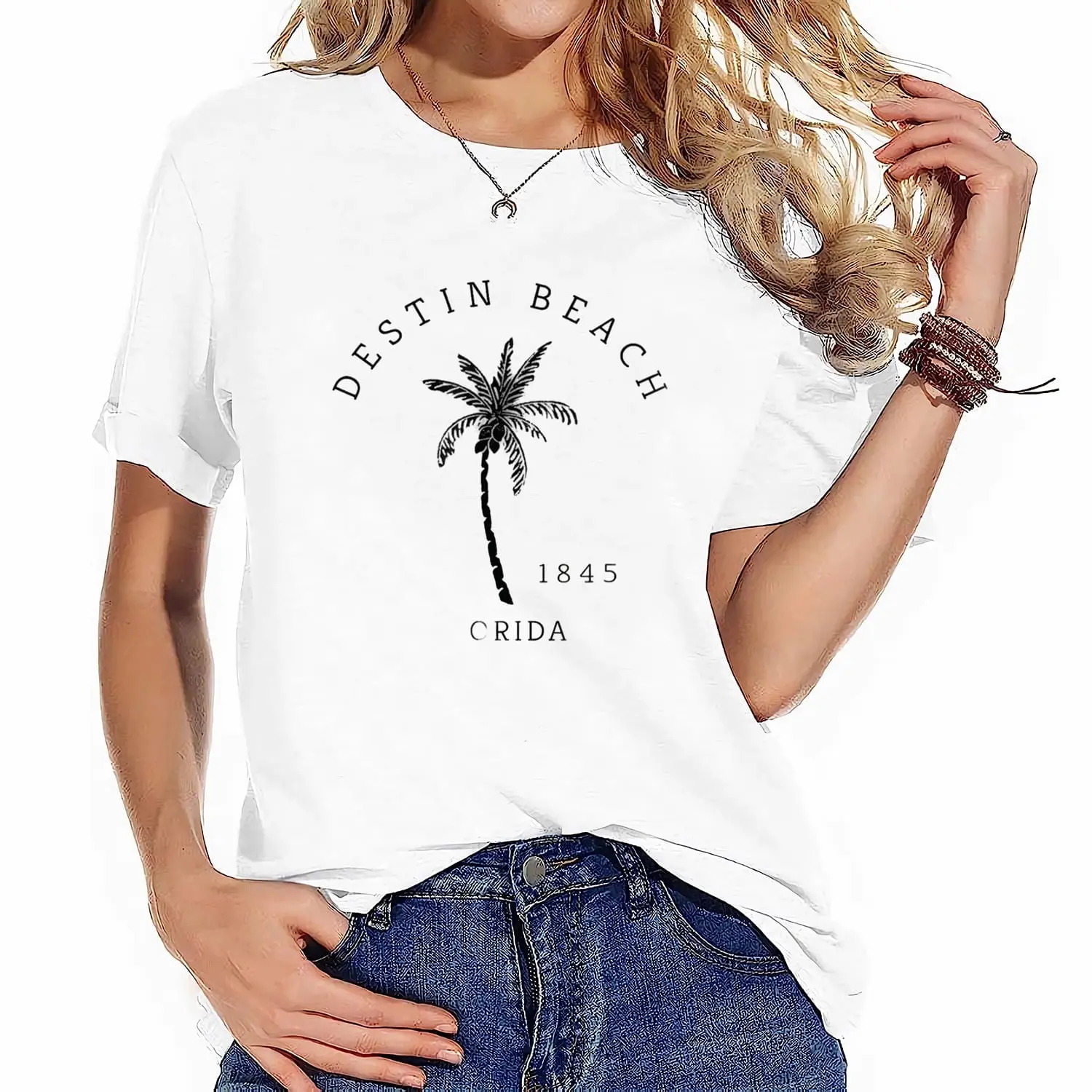 Cotton Short Sleeve Retro Cool Original Destin Florida Beach Palm Tree Designer Women'S T-Shirt - Unique Printed Summer Tops For Women For Men Women