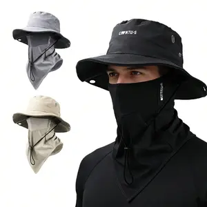 2pcs Wide-Brimmed Sun Hat, Fishing Hat for Beach, Hiking, Camping, with Cooling Silk Mask, Protects From Mosquitoes, Hat + Mask Set