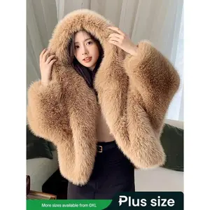 Women’s plus-size faux fur hooded jacket, fashionable evening gown, elegant stage and concert attire, warm winter clothing GARMENTARY
