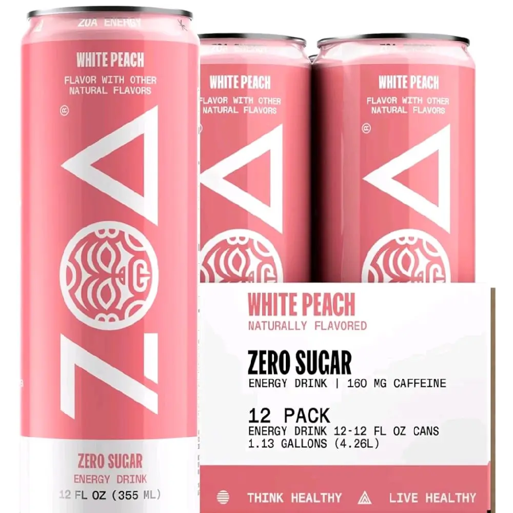 Zoa White Peach 12oz 12pack Cans with B&C Vitamins Electrolytes Amino Acids Camu Camu Natural Caffeine
