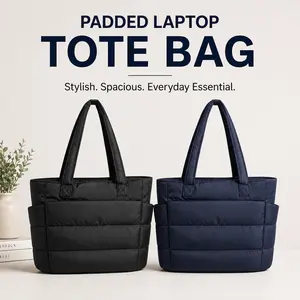 Padded Laptop Tote Bag – 15.6” Quilted Work & Travel Bag (Black & Navy)