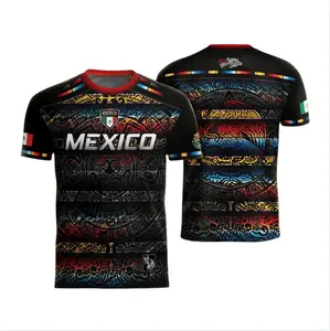 Mexico Soccer Jersey Aztec Calendar, Sporty Fitted Long Sleeve Top, Striped Ethnic Pattern, All Seasons Wear, Jersey Shirts