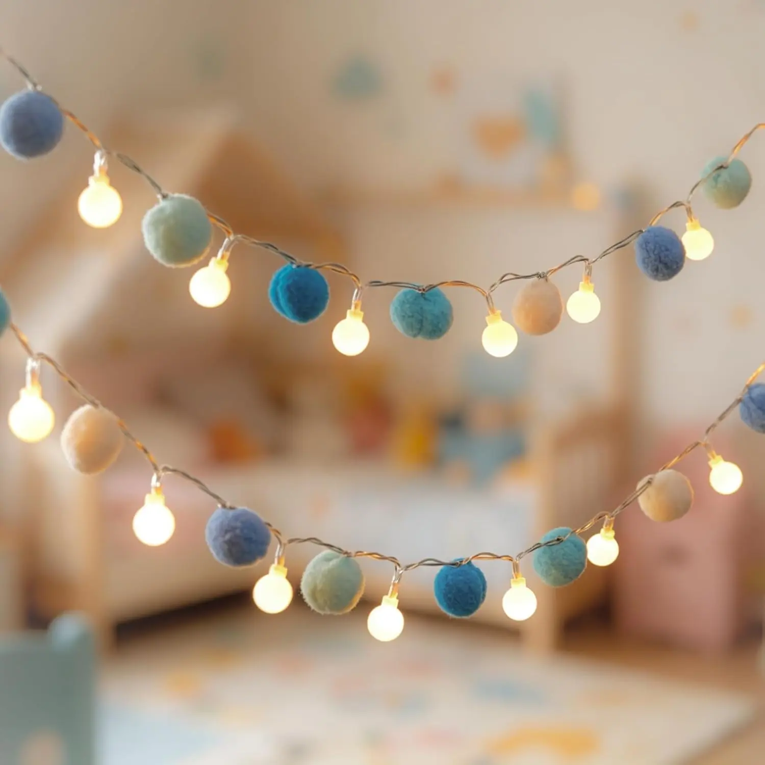 Copper Wire Pom Pom Fairy Lights - 6.56ft, 20 LED Battery Operated Bulbs, Warm White Globe Balls, Blue Ambient Glow Lights for Kids Bedroom, Birthday Decor, Coastal Vibes Indoor Use (Batteries Not Included)