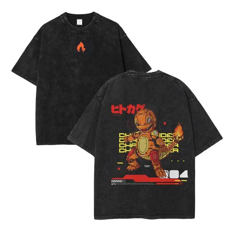 Mecha Charmander V1 Pokemon Vintage Oversized Double Printed Washed Tee | Unisex Heavyweight Cotton Anime TShirt Menswear Top Fabric