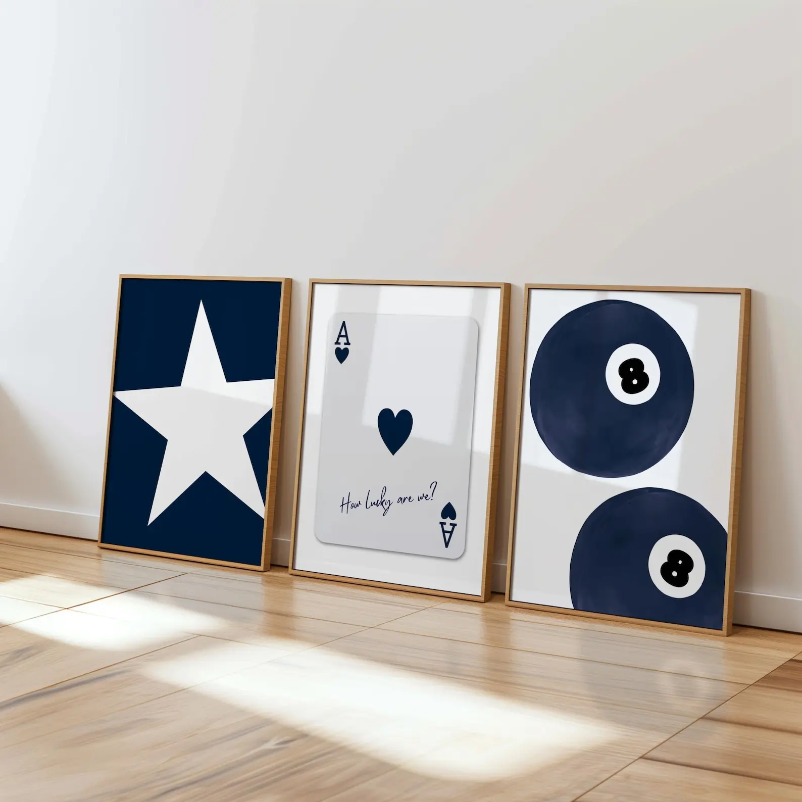 Navy Blue Dorm Room Wall Art Set of 3 Ace of Hearts Star & 8 Ball Prints Trendy Home Decor Stylish Collection Digital Download