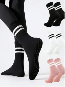 Women's Anti-Slip for Yoga Pilates Gymnastics, Breathable Sweat-Absorbing Mid-Calf Socks, Athletic Grip Sock, Sporty Plain Design, All Seasons Wear