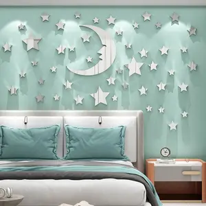 Moon & Stars Acrylic Mirror Wall Stickers, 3D Self-Adhesive DIY Celestial Mirror Wall Decals, Modern Nordic Style Shatterproof Wall Art Decor for Kids Room Bedroom Nursery, Make Room Look Bigger, Easy Install