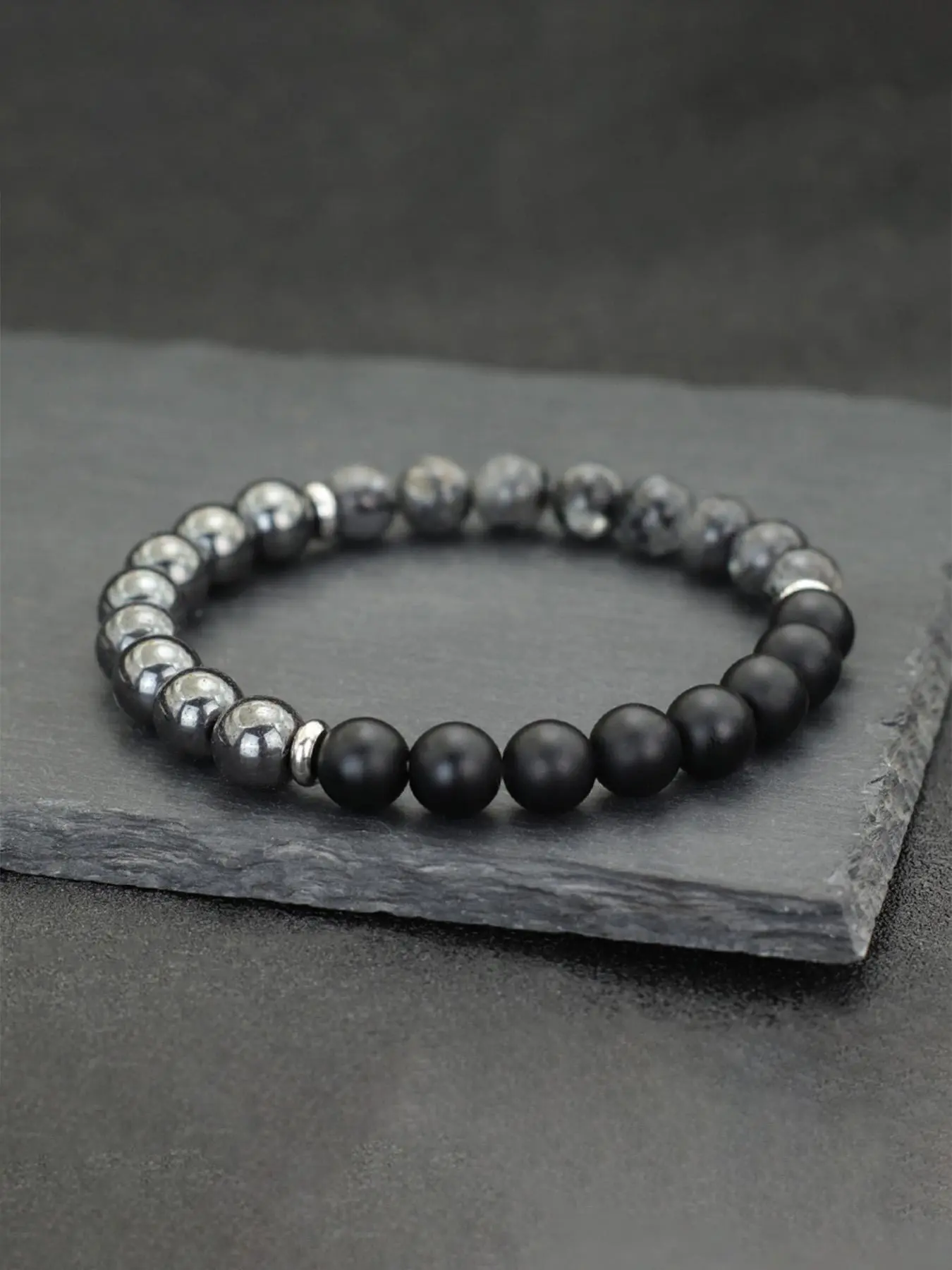 Men's Handmade Beaded Premium Exquisite Bracelet with Natural Stones, Unique Mix of Agate, Map Stone and Hematite, Stretch Charismatic Jewelry