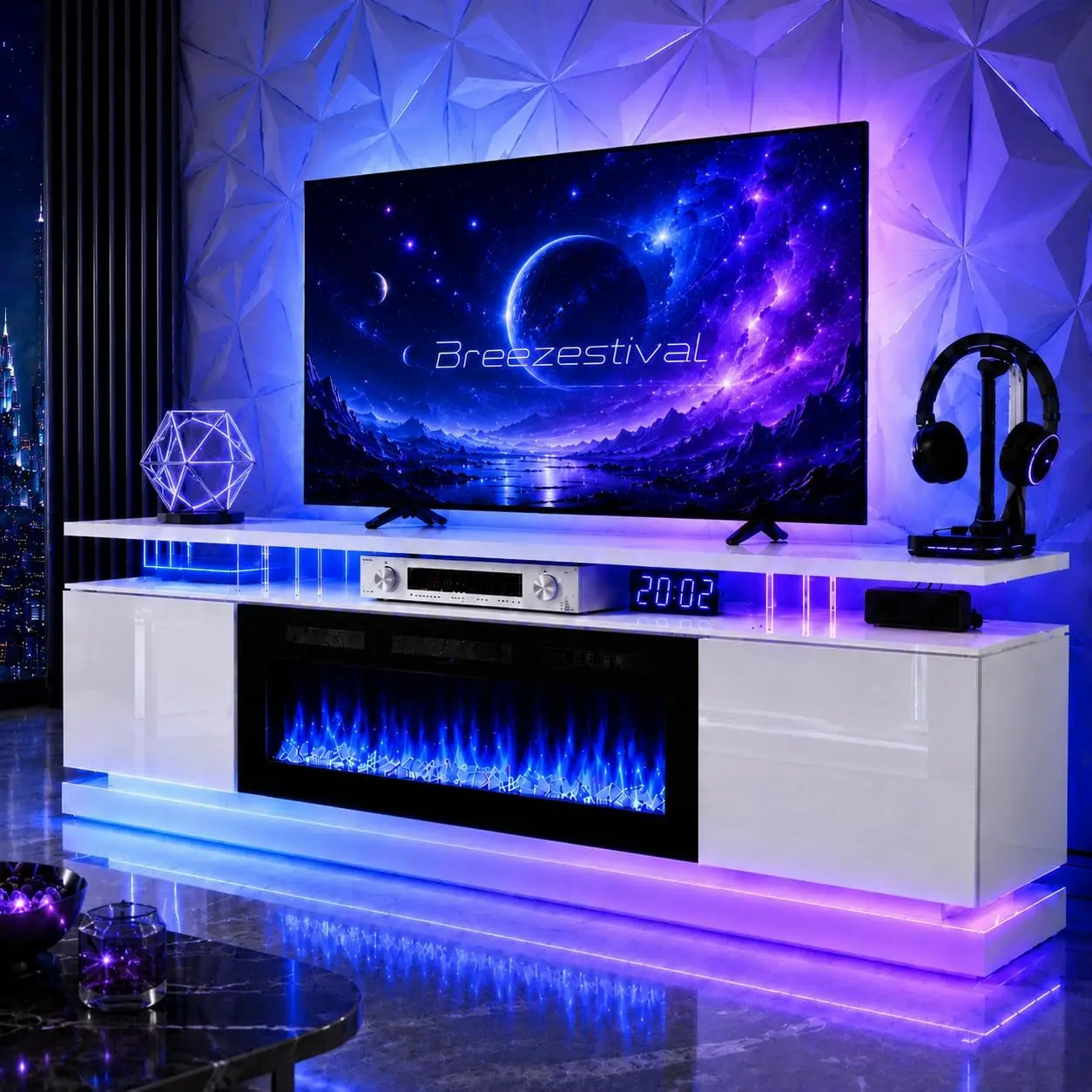 70''/80" Fireplace TV Stand, Modern Entertainment Center for TVs Up to 90", TV Console with Storage Cabinets, Media Console for Living Room, Marble Black TV Stand and Black Fireplace height adjustable portable tv stand