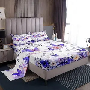 Purple Plant Bed Sheet Queen Set,Floral Sheet Sets Adults Bedroom,Flower Bedding Set with Flat,Fitted Sheet,2 Pillow
