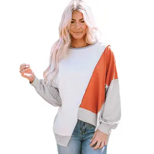 Khaki Colorblock Stitching Irregular Hem Long Sleeve Top Womenswear Hoodie Fitted Crewneck Casual Patchwork Sweatshirts