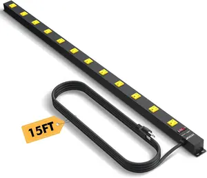 12 Outlet Long Power Strip with 15ft Cord, Wide Spaced Industrial Heavy Duty Surge Protector, ETL Certified, Ideal for Workshops, Garages & Workbenches