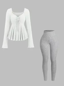 Women's V Neck Long Sleeve Knit Top & High Waist Pants Set, Drawstring Chest Design, Comfortable Slim Fit, Casual Home Wear, Pure Color Solid Outfit Womenswear