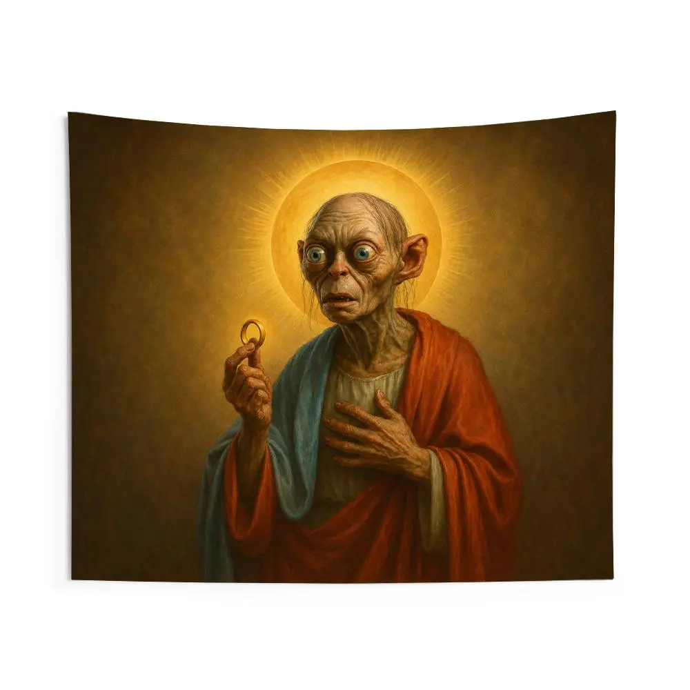 My Precious Gollum Jesus Meme Tapestry – Funny Medieval LOTR Inspired Wall Art, Dark Fantasy Aesthetic Room Decor
