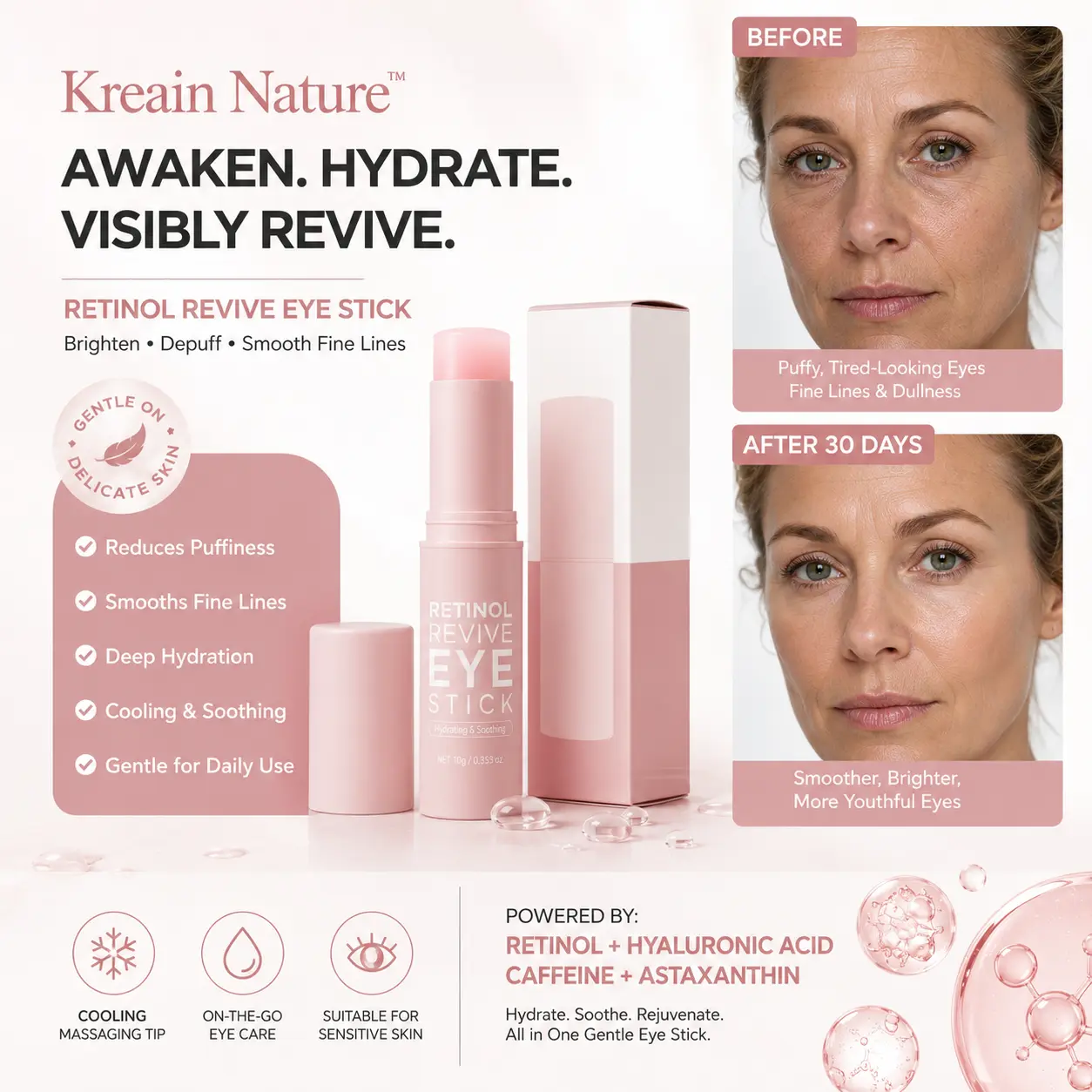 Retinol Revive Eye Stick, Caffeine Hyaluronic Acid Astaxanthin Firming Eye Balm, Reduce Fine Lines Dark Circle Hydrating Eye Care Stic