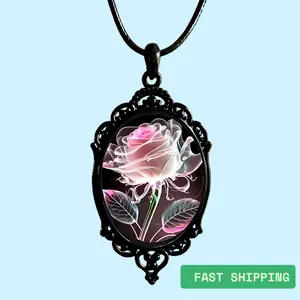 Gothic Rose Glass Pendant Necklace – Vintage Witch Jewelry for Women, Dark Aesthetic Halloween Necklace, Mystic Crystal Gift Inspired by Thorn Rose & Obsidian Sphere
