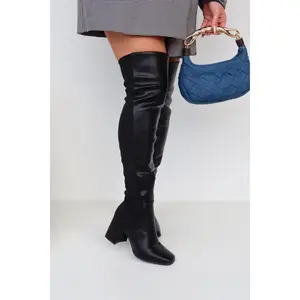 Mandy Block Heel Over The Knee Boots - Black PU