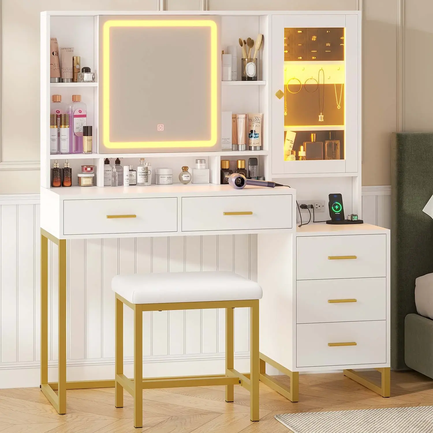 Sikaic White Makeup Vanity Desk Set - LED-Powered Vanity with Lights, Modern Makeup Table, Brightly-Lit Organizer for Bedroom, Upholstered Stool Included