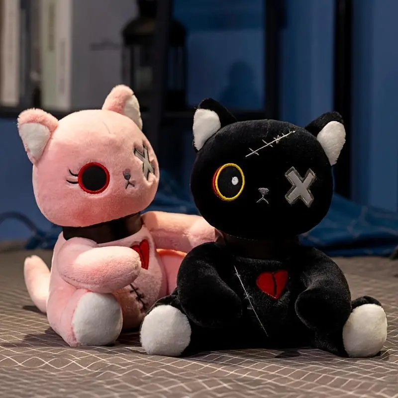 25cm/9.84in Unisex Spooky Gothic Cat Plush Toy - Creepy Color Block Kitten Stuffed Animal, Ideal for Halloween & Birthday Gifts