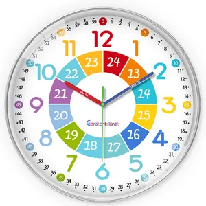 This multi-sized modern-style educational wall clock features a silent quartz movement and a colorful digital pattern design. It is made of glass and plastic materials and is suitable for decoration in living rooms, bedrooms, classrooms and offices.