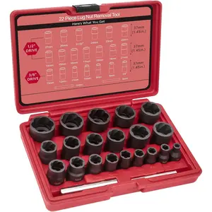 22PCS Easy Out Bolt Extractor Tools: 1/2" & 3/8" Drive for Stripped Lug Nuts – Remove Damaged, Rusty Fasteners (Red) car tool omt  ball  joint  press  kit