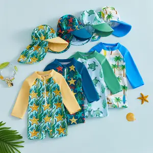 Toddler Boy Rash Guard Swimsuit Coconut Tree/Starfish Print Zipper Long Sleeve Bathing Suit with Swim Cap