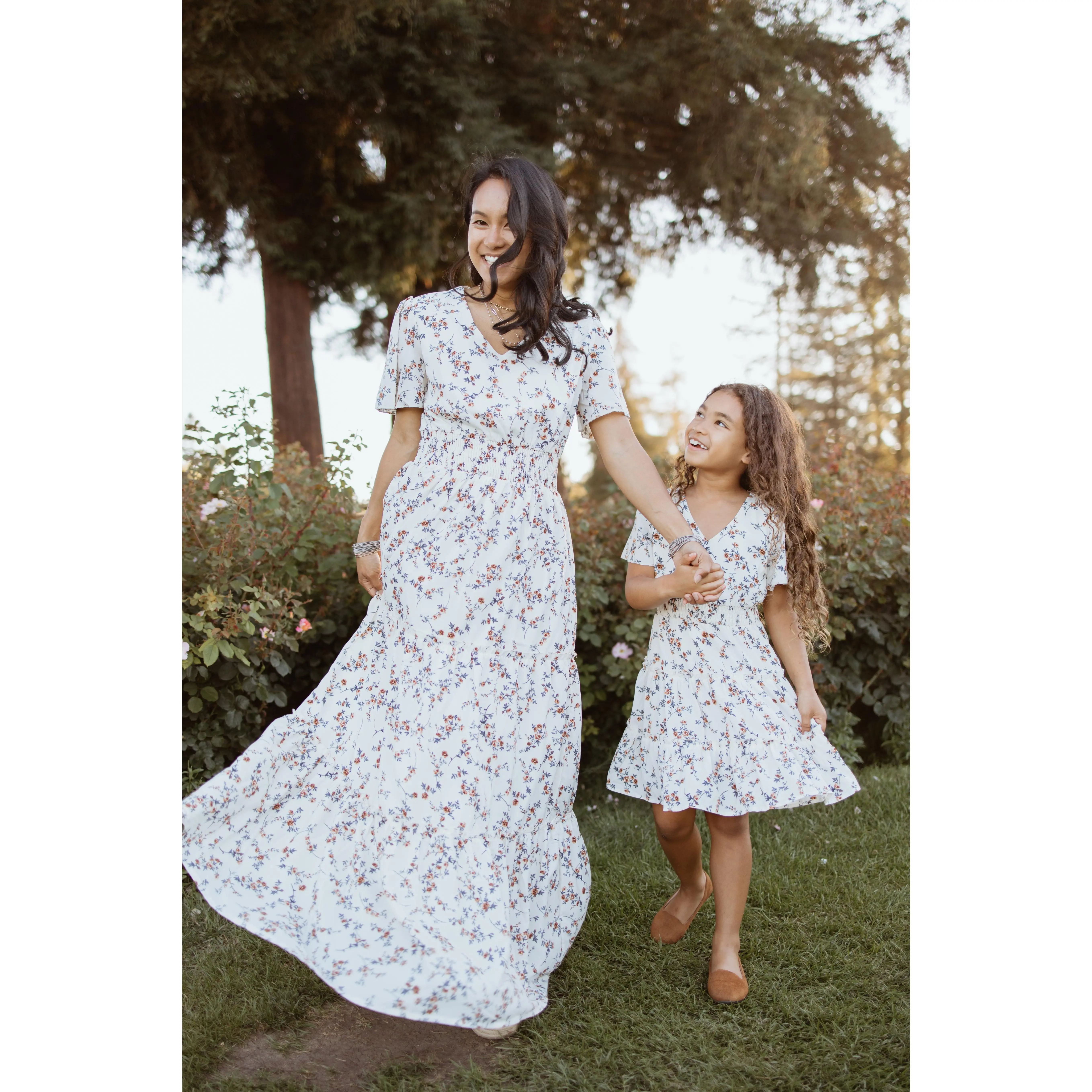knee length dresses for ladies Pre Order）Mommy and Me Summer Light Blue Floral Print MAXI Dress,Set＆ main image 1