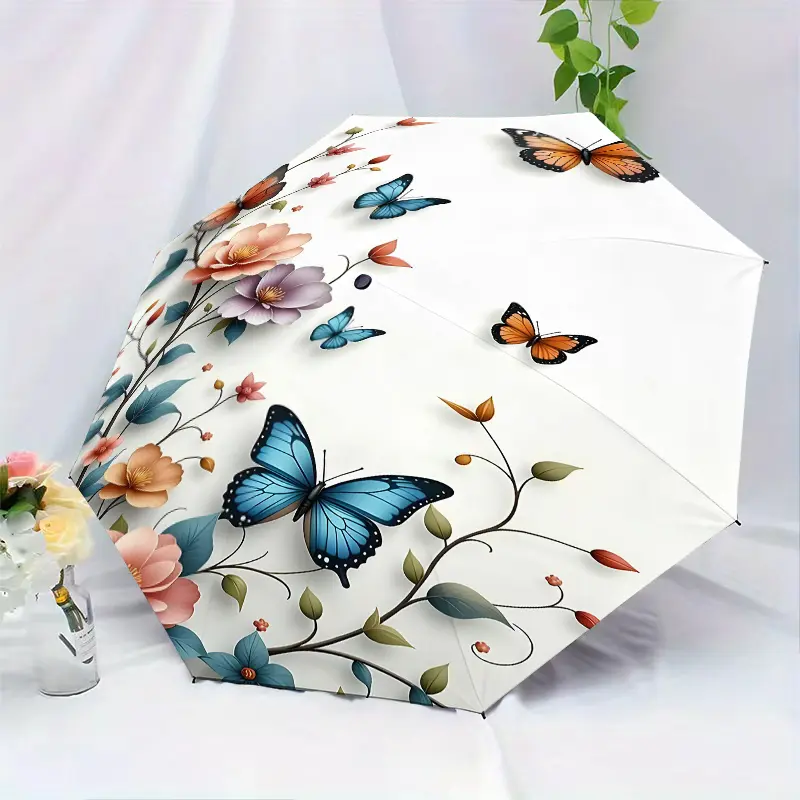 Auto Open Close Windproof Umbrella, Butterfly Flower Pattern, Portable Folding Design, Lightweight for Men and Women, Perfect Gift