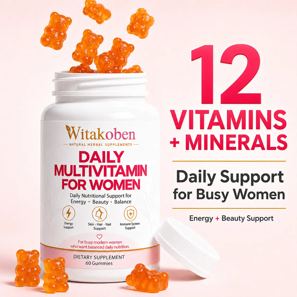 Multivitamin Gummies for Women, 12 Vitamins & Minerals, Daily Nutritional Support for Energy Metabolism and Overall Wellness, 60 Count
