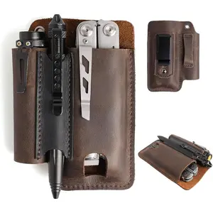 Leather Multitool Sheath with Belt Clip - Multitool Holster for Belt - EDC Belt Organizer Fits Multitool, Flashlight, Pen - Leather Multitool Pouch - Leather Multitool Holder, Darkbrown