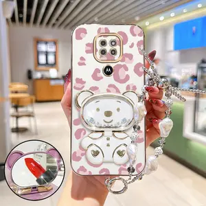 MotoG9Play Popular Series Jewelry Strap Lanyard Phone Holder Case For Compatible With Motorola Moto G9 Play Plating Cover and Durable Pink Luxury Leopard Print Bear Protector Cases