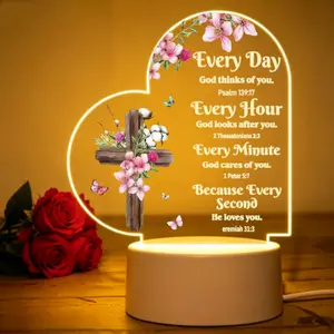 Heart Shape Warm Light Acrylic Plaque Sign, Christian Religious LED Lamp with Wooden Cross Base, Signage & Wooden Cross Decorations, Inspirational Home Decor Gift for Women Scrolling Led Sign Yard Sign