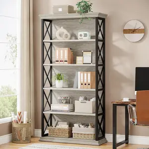 LITTLE TREE 6-Tier Bookcase, 71 Inches Industrial Bookshelves and Bookcases, Floor Standing 5 Shelf Display Storage Shelves Tall Bookcase for Home Office, Living Room, Bed Room