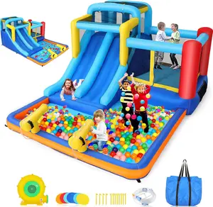 【On Sale】Whubefy Bounce House with Double Slide for Kids 3-10,Inflatable Bouncy Castle Water Park with Blower,2 Racing Slides,Water Cannon,Ball Pit Pool,Jump Castle with Water Slide for Indoor and Outdoor,Christmas Gifts