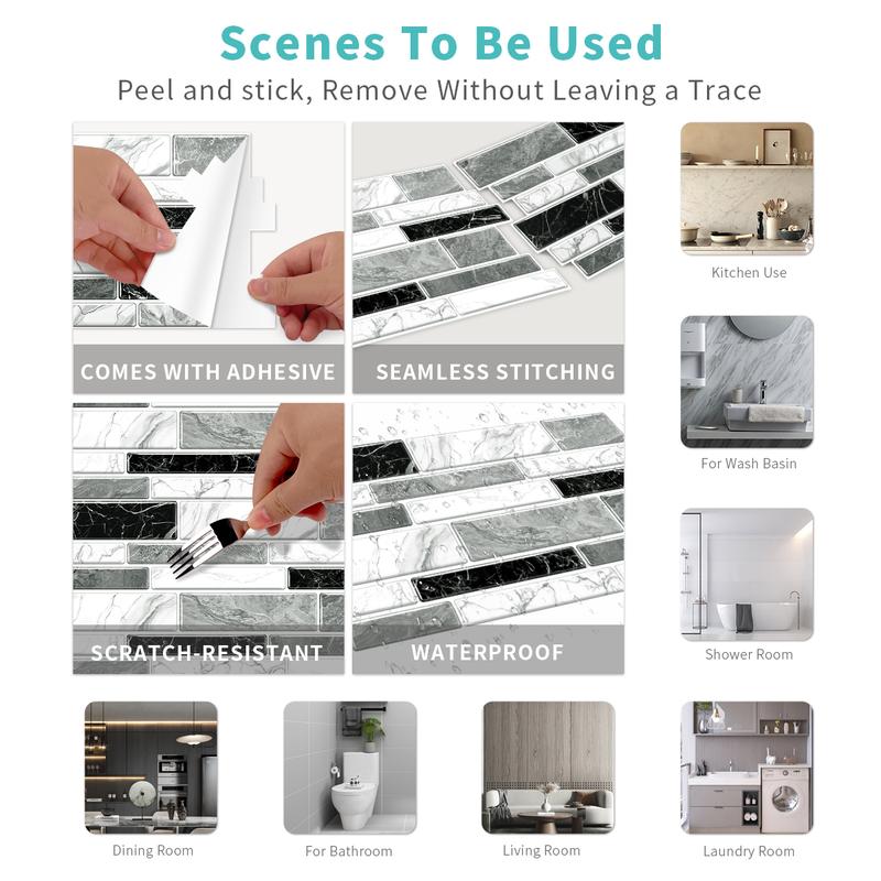 FLOLEOPA 48-Piece Peel-and-Stick Wall Decals Kitchen & Bathroom Splashback Protection Waterproof, Oil-Resistant, Heat-Resistant Ideal for Dining Rooms, Schools, and Office Wall Decor Marble Pattern Stickers, Tile Decals, Wall Panels