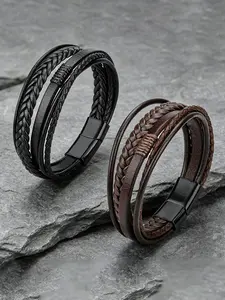 Men's Woven Genuine Leather Bracelet, Retro Multi-layer Cowhide Wristband, Black & Brown Magnetic Buckle, Simple Versatile Jewelry, Gift for Boyfriend