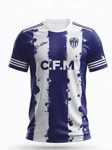 Men's Short Sleeve Soccer Jersey, Sports Jersey, Football Shirts, Blue and Stripe with Cfm Logo, Fitted Sporty Design for Football Matches and Training