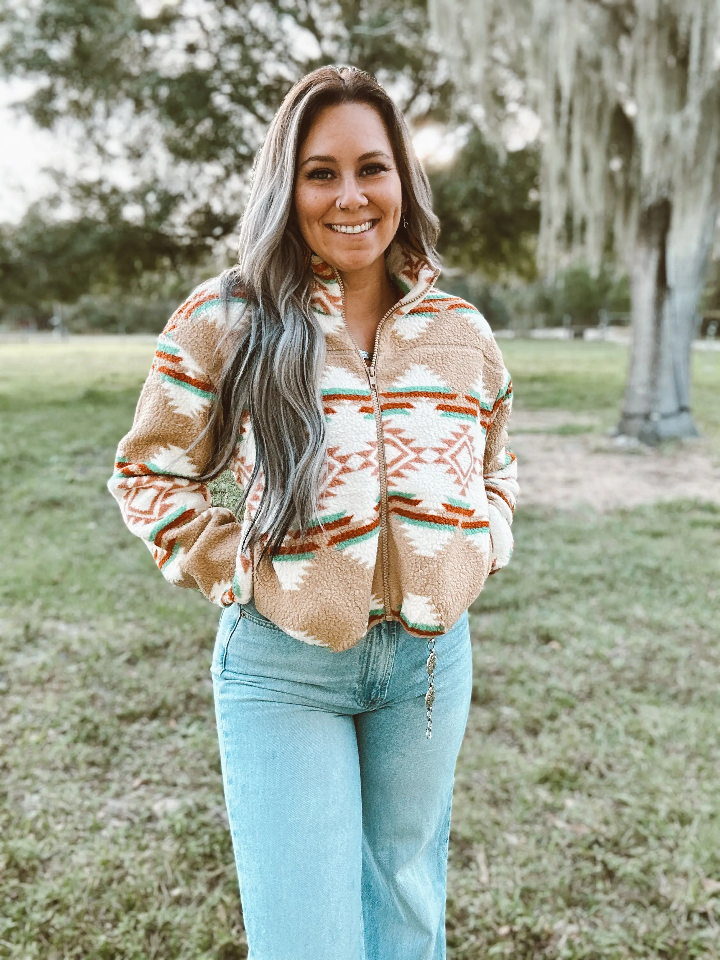 Jena's Aztec Western Jacket - Women's Casual Coat with Collar, Comfortable Fit, and Aztec Design